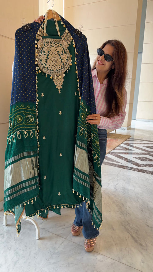 Gaji Silk suit fabric with Bandhini Print Dupatta